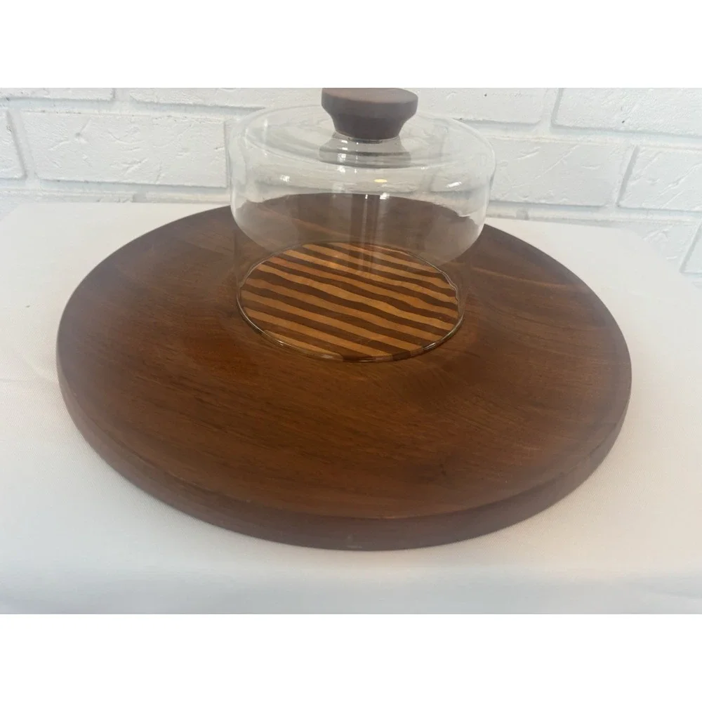 Vintage MCM Wood Cheese Board Glass Cloche Dome Serving Tray Striped Inlay 12in